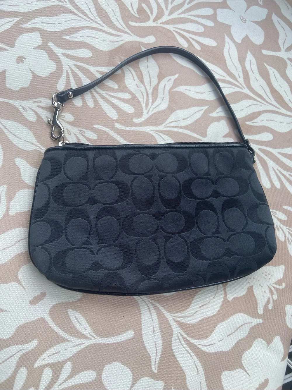 Coach Black Signature Wristlet with Leather Trim and Logo